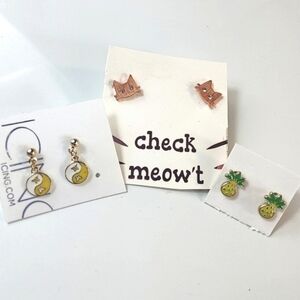 Forever 21 Pineapple Earrings, ICING‎ Yin Yang earrings, and tiny cat earrings